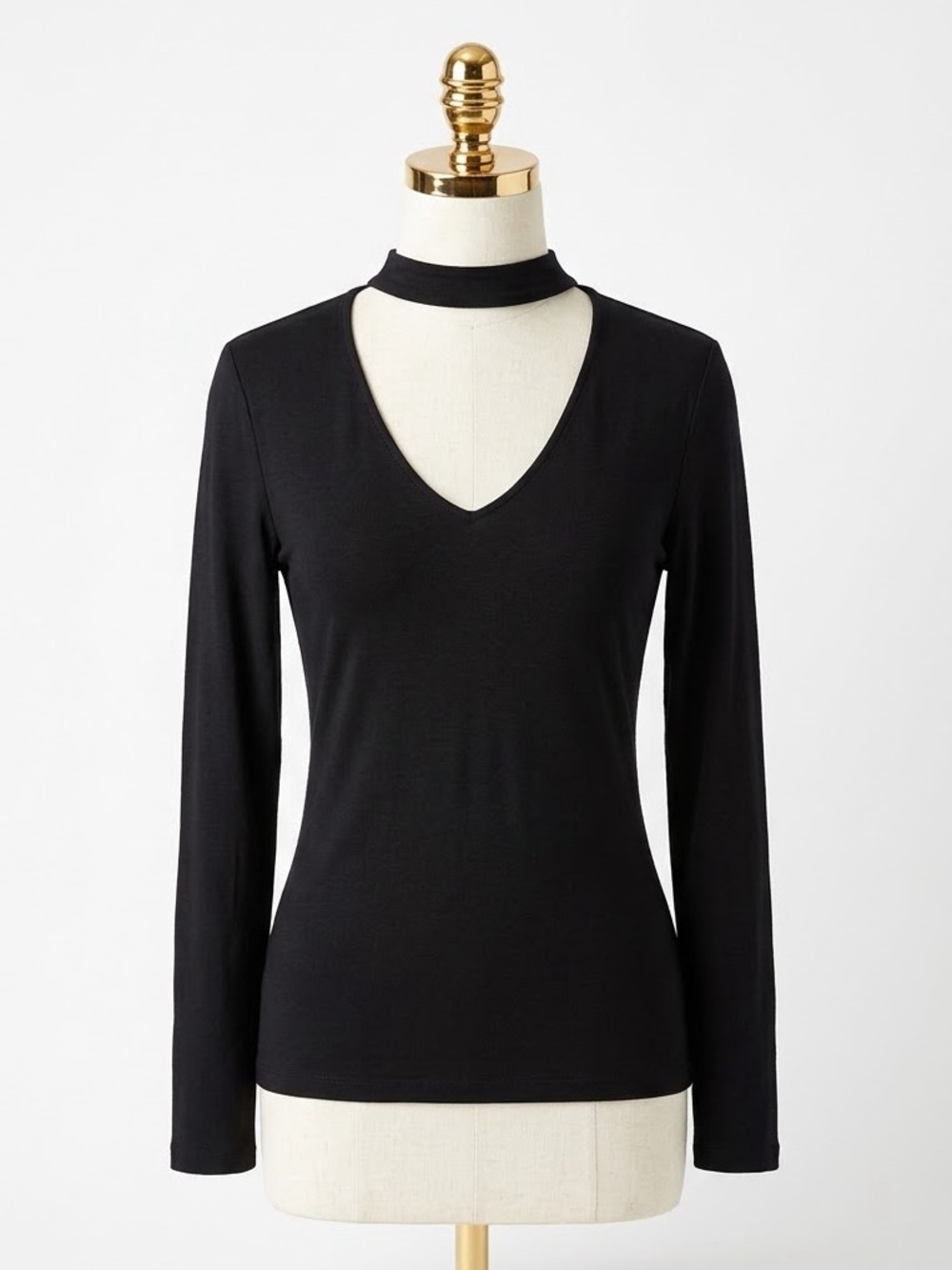 White House Black Market Cutout Choker Neck Long Sleeve Top Black Minimalist XL